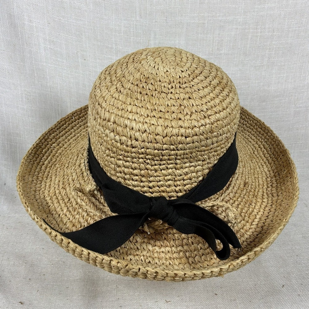 VTG Raffia Straw Hat Women's Wide Brim Flat Beachy Cottage 22.5"‎ Packable